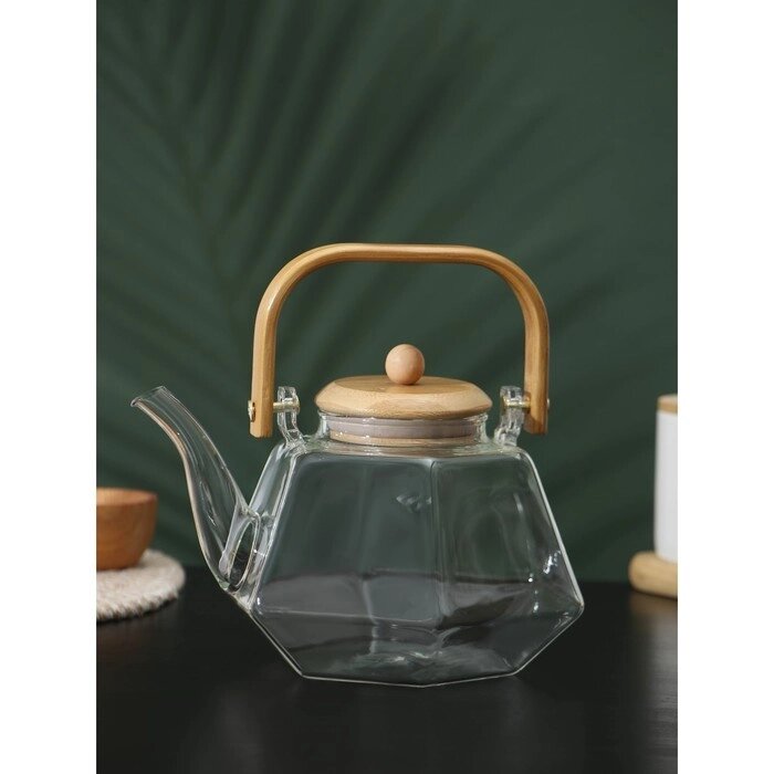 Чайник заварочный стеклянный с бамбуковой крышкой и металлическим фильтром BellaTenero 'Октогон', 1,2 л от компании Интернет-магазин "Flap" - фото 1
