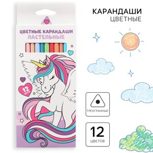 Цветные карандаши пастельные, 12 цветов, трёхгранный корпус 'Единорог'Минни и единорог