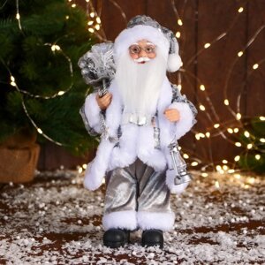 Дед Мороз 'В костюме с пайетками и с фонарём' 30 см, серебро