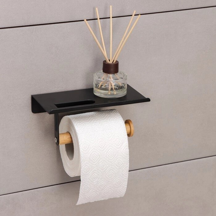 Держатель для туалетной бумаги с полочкой BAMBOO, 18x9,7x7,5 см, цвет чёрный от компании Интернет-магазин "Flap" - фото 1