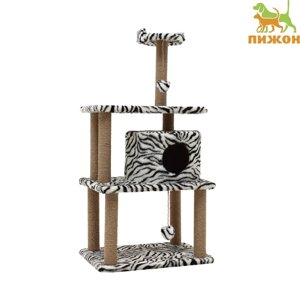 Домик для кошек с когтеточкой, круглый с игрушками, 65 х50 х 130 см, зебра