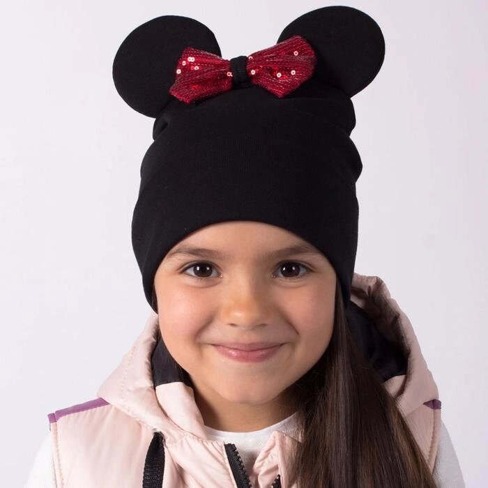 Двухслойная шапка 'Мышка', цвет чёрный/красный бант, размер 50-54 от компании Интернет-магазин "Flap" - фото 1