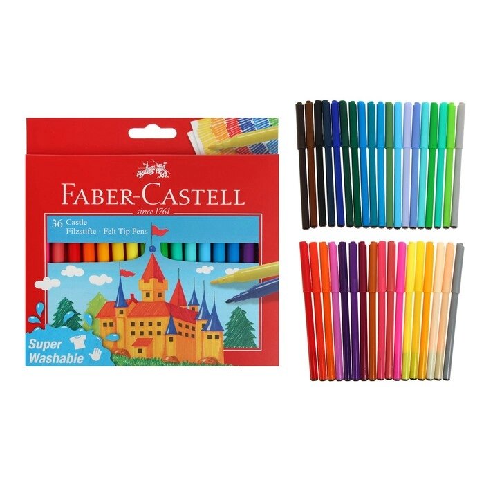 Фломастеры Faber-Castell 'Замок' смываемые, в картонной коробке с европодвесом, 36 цветов от компании Интернет-магазин "Flap" - фото 1