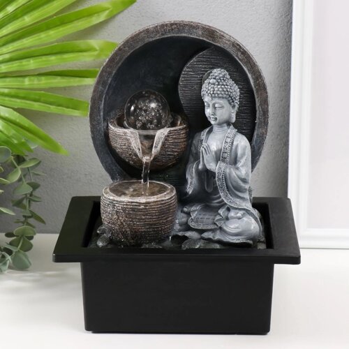 Фонтан настольный от сети, подсветка 'Серый Будда у каменного фонтана' 21х17,5х26 см