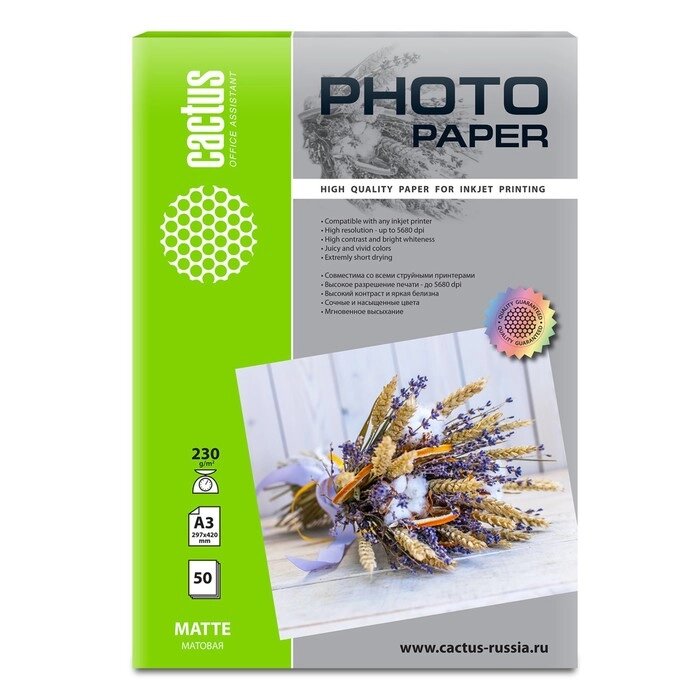 Фотобумага для струйной печати А3, 50 листов Cactus, 230 г/м2, односторонняя, матовая от компании Интернет-магазин "Flap" - фото 1