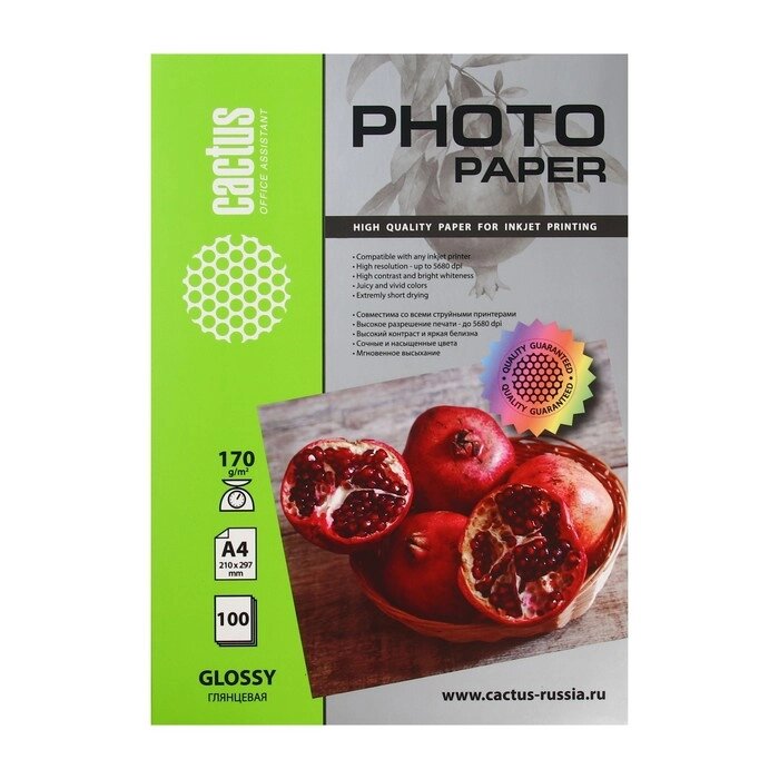 Фотобумага для струйной печати А4, 100 листов Cactus, 170 г/м2, односторонняя, глянцевая от компании Интернет-магазин "Flap" - фото 1