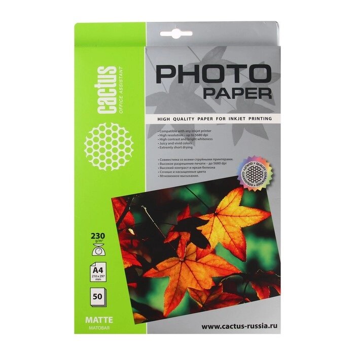 Фотобумага для струйной печати А4, 50 листов Cactus, 230 г/м2, односторонняя, матовая от компании Интернет-магазин "Flap" - фото 1