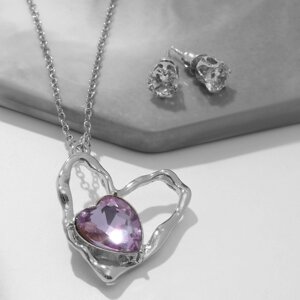 Гарнитур 2 предмета серьги, кулон 'Сердце' дуэт, цвет бело-розовый в серебре, 40 см