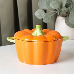 Горшочек из жаропрочной керамики для запекания 'Тыква'650 мл, 18,5x14x11 см, посуда для Хэллоуина, цвет оранжевый