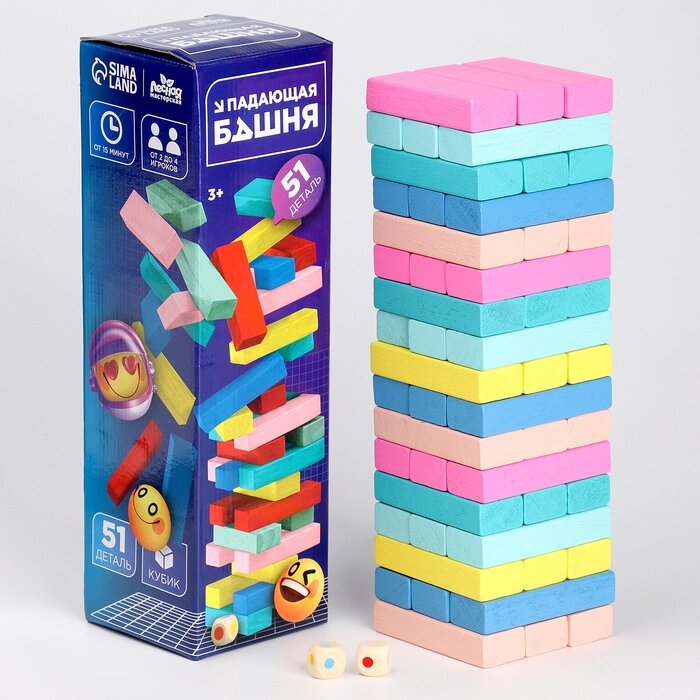 Игра настольная 'Падающая башня цветная' 51 шт, 28,5х8,5х8 см от компании Интернет-магазин "Flap" - фото 1