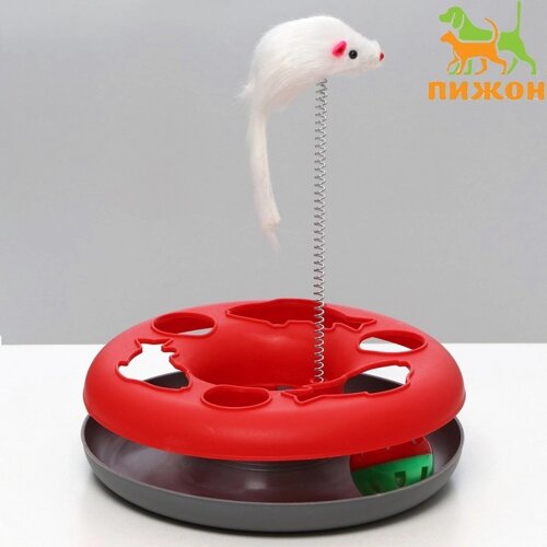 Игрушка для кошек 'Загадочный круг - Рыбки'мышь на пружине и шарик, 23х7 см, красная/серая