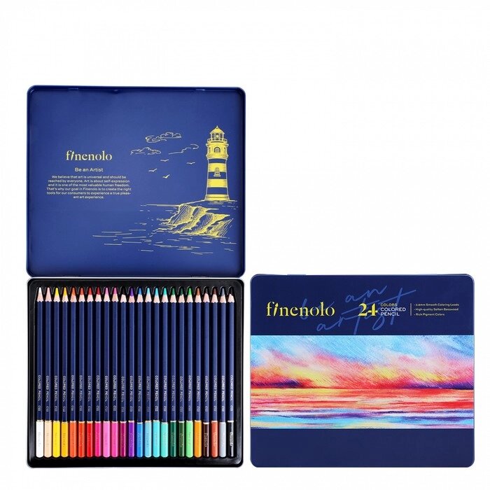 Карандаши художественные 24 цвета, Finenolo, 3.8 мм, шестигранные, в металлическом пенале от компании Интернет-магазин "Flap" - фото 1