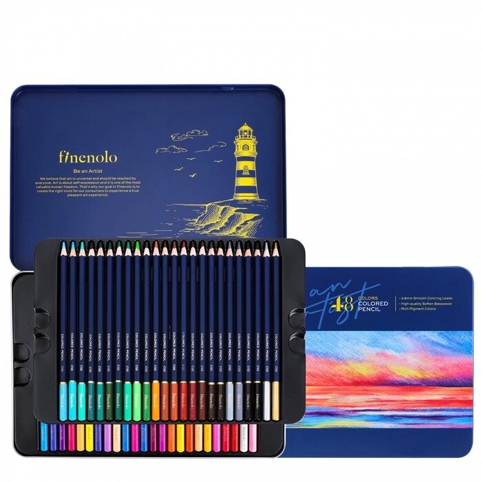 Карандаши художественные 48 цветов, Finenolo, 3.8 мм, шестигранные, в металлическом пенале от компании Интернет-магазин "Flap" - фото 1