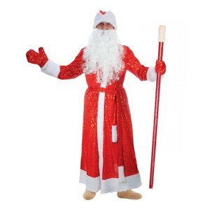 Карнавальный костюм Деда Мороза 'Золотые снежинки'шуба, пояс, шапка, варежки, борода, р-р 48-50, рост 176-182 см, мех