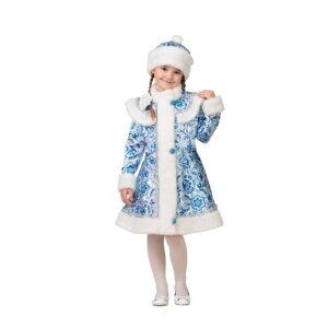 Карнавальный костюм 'Снегурочка сатин Гжель 2 'пальто, шапка, р. 32, р 122 см