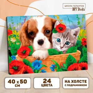 Картина по номерам на холсте с подрамником 'Котенок и щенок' 40 x 50 см