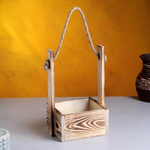 Кашпо деревянное 15x12x25 см 'Ажур'прямоугольное, ручка верёвка, обжиг Дарим Красиво