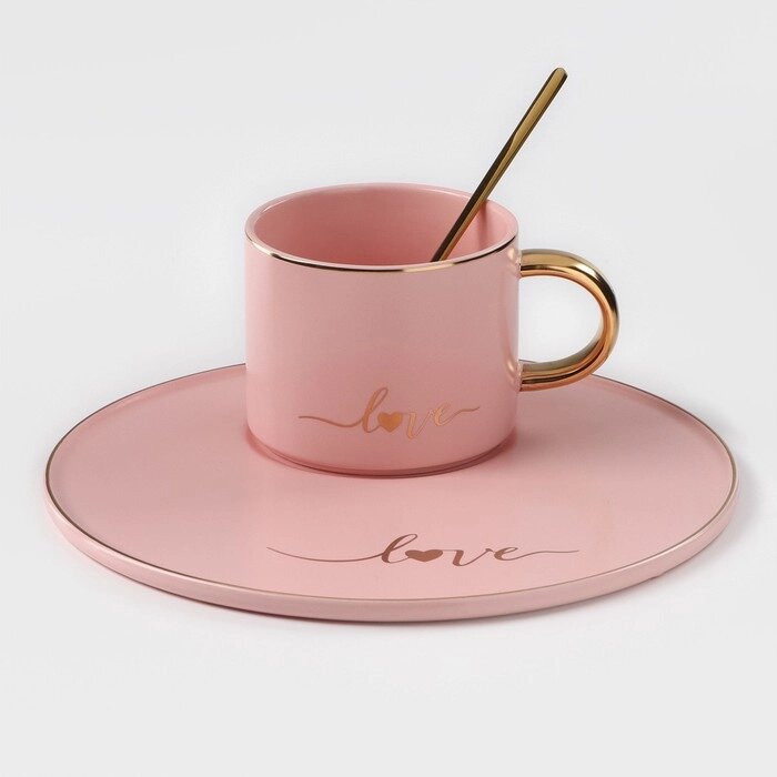 Кофейная пара керамическая 'Любовь', 3 предмета кружка 200 мл, блюдце d20 см, ложка h14 см, цвет розовый от компании Интернет-магазин "Flap" - фото 1