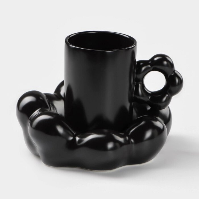 Кофейная пара керамическая 'Ромашка', 2 предмета кружка 260 мл, блюдце d17 см, цвет чёрный от компании Интернет-магазин "Flap" - фото 1