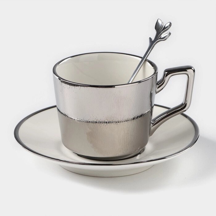 Кофейная пара керамическая 'Серебро', 3 предмета чашка 200 мл, блюдце d14 см, ложка h12,5 см, цвет серебряный от компании Интернет-магазин "Flap" - фото 1