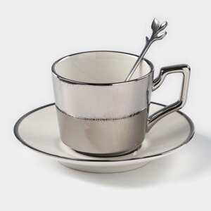 Кофейная пара керамическая 'Серебро'3 предмета чашка 200 мл, блюдце d14 см, ложка h12,5 см, цвет серебряный