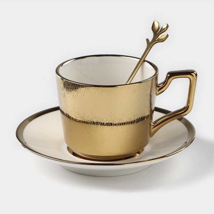 Кофейная пара керамическая 'Золото', 3 предмета чашка 200 мл, блюдце d14 см, ложка h12,5 см, цвет золотой от компании Интернет-магазин "Flap" - фото 1