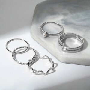 Кольцо набор 5 штук 'Идеальные пальчики' плетение, цвет белый в серебре