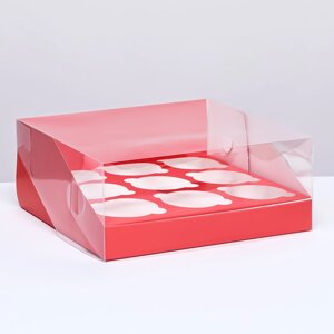 Кондитерская складная коробка для 9 капкейков 23,5 х 23,5 х 10 , Красная