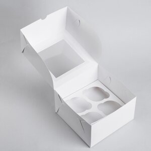 Кондитерская складная коробка для капкейков с окном на 4 шт, белая, 16 х 16 х 10 см (комплект из 5 шт.)
