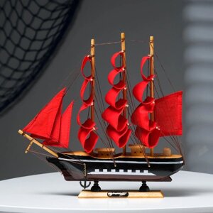 Корабль сувенирный средний 'Флора'борта чёрные с белой полосой, паруса алые, 32х6,5х31 см