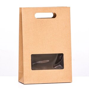 Коробка-пакет, крафт с окном и ручкой, 30 х 20 х 8 см (комплект из 5 шт.)