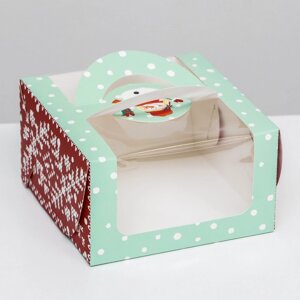 Коробка под бенто-торт с окном 'Новогодний снеговик'14 х 14 х 8 см