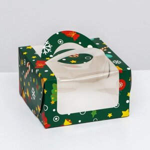 Коробка под бенто-торт с окном 'Новогодняя изумрудная'14 х 14 х 8 см