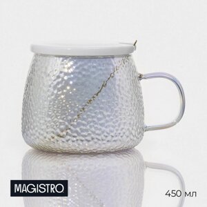 Кружка стеклянная с крышкой и ложкой Magistro 'Диамант'450 мл, цвет перламутровый