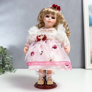 Кукла коллекционная керамика 'Агата в бело-розовом платье и с цветами в волосах' 30 см