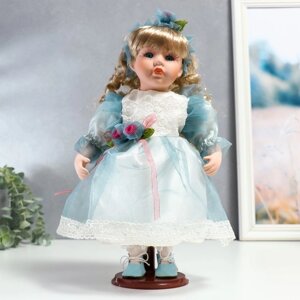 Кукла коллекционная керамика 'Флора в бело-голубом платье и лентой на голове' 30 см