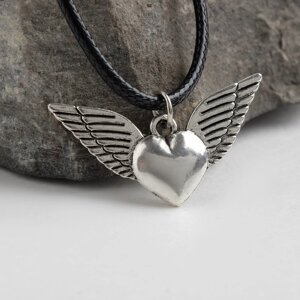 Кулон на шнурке 'Сердце' ангел, цвет чернёное серебро на чёрном шнурке, 45 см