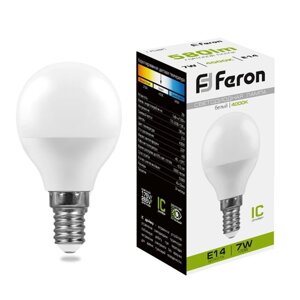 Лампа светодиодная FERON, G45, 7 Вт, Е14, 4000 К, дневной белый