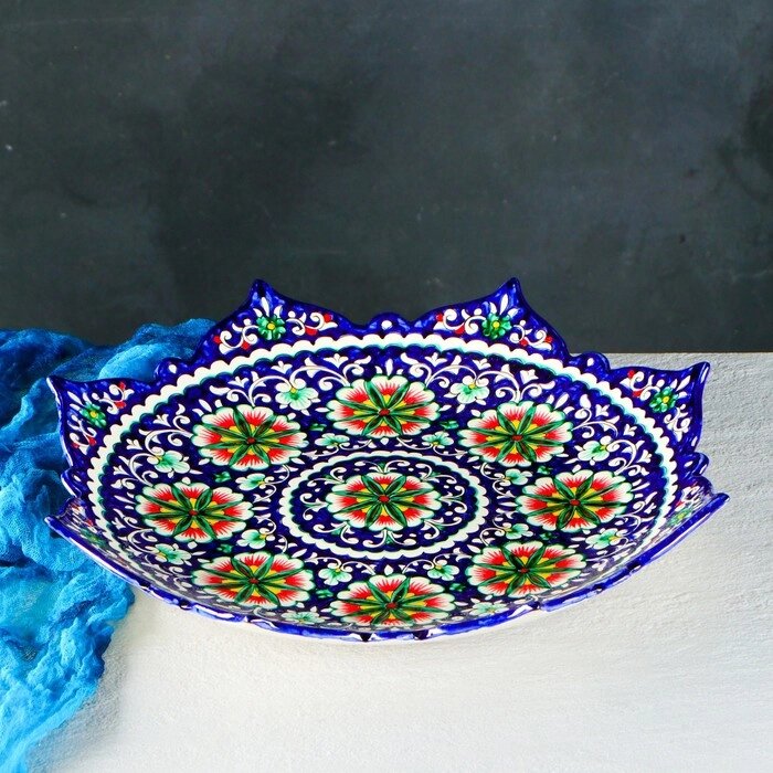 Ляган Риштанская Керамика 'Цветы', 41 см, рифлёный, синий от компании Интернет-магазин "Flap" - фото 1