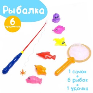 Магнитная рыбалка для детей 'Морские жители'1 удочка , 1 сачок, 6 игрушек, цвета МИКС