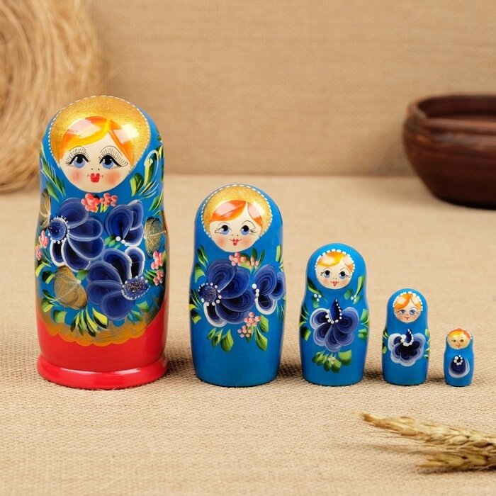 Матрёшка 'Красный сарафан, синие цветы', 5 кукольная от компании Интернет-магазин "Flap" - фото 1