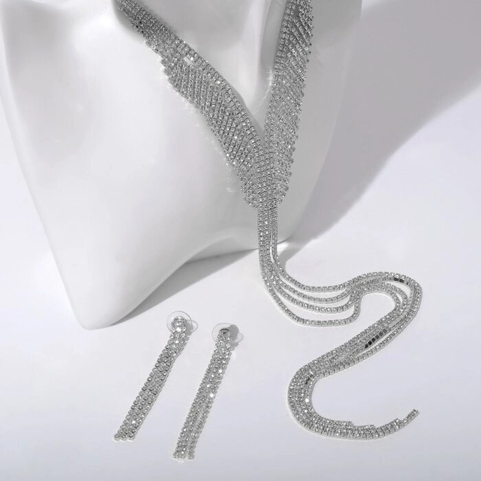 Набор 2 предмета серьги, колье 'Лёд' дорожка с лесенкой, цвет белый в серебре, 39 см от компании Интернет-магазин "Flap" - фото 1