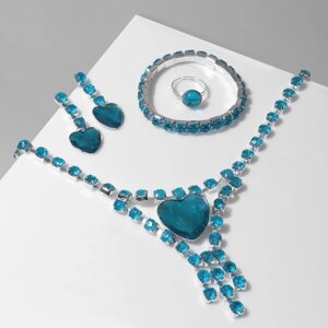 Набор 4 предмета серьги, колье, браслет, кольцо 'Сердце' в кругах, цвет голубой в серебре