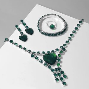 Набор 4 предмета серьги, колье, браслет, кольцо 'Сердце' в кругах, цвет зелёный в серебре