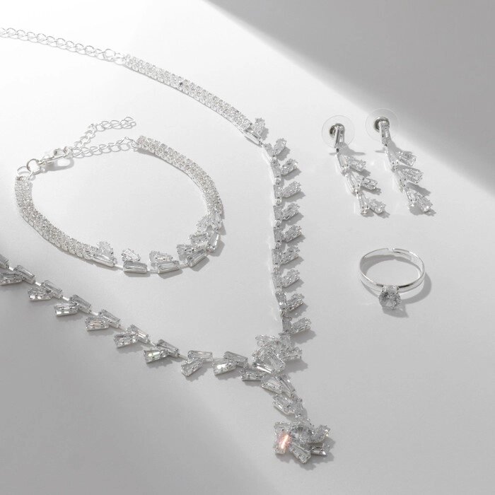 Набор 4 предмета серьги, колье, браслет, кольцо 'Узор' тонкий, цвет белый в серебре от компании Интернет-магазин "Flap" - фото 1