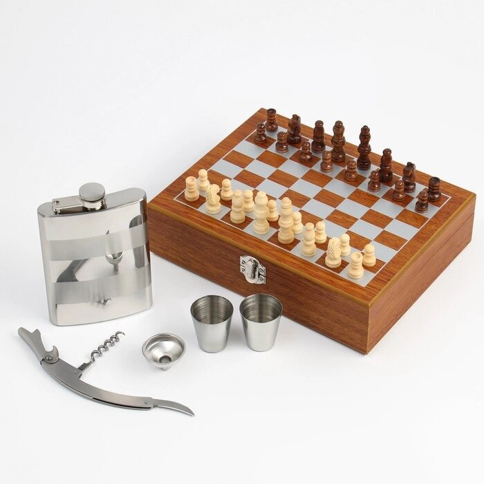 Набор 6 в 1 фляжка 8 oz, воронка, штопор, 2 стопки, шахматы от компании Интернет-магазин "Flap" - фото 1