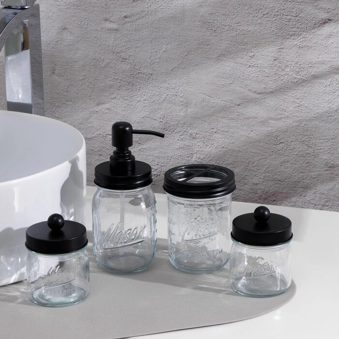 Набор аксессуаров для ванной, 4 предмета (дозатор, стакан для щёток, 2 банки), цвет чёрный от компании Интернет-магазин "Flap" - фото 1