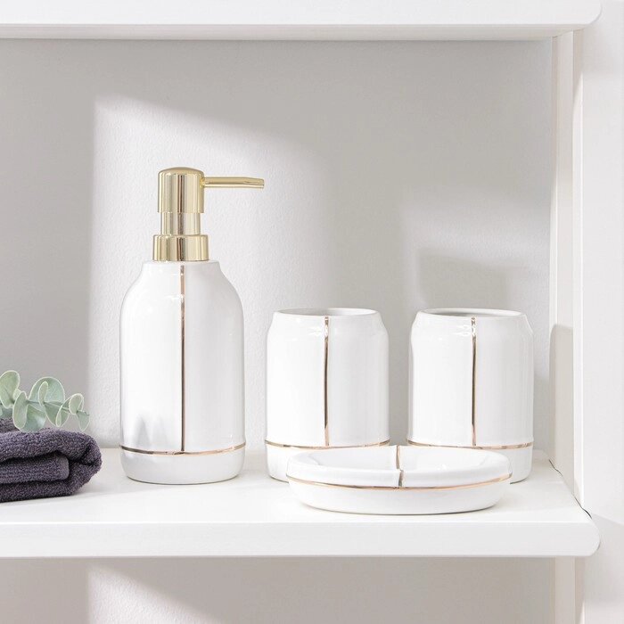 Набор аксессуаров для ванной комнаты 'Лайн', 4 предмета (дозатор 400 мл, мыльница, 2 стакана), цвет белый от компании Интернет-магазин "Flap" - фото 1