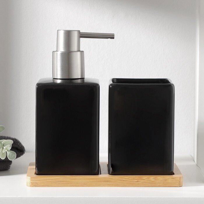 Набор аксессуаров для ванной комнаты SAVANNA Square, 3 предмета (дозатор для мыла, стакан, подставка), цвет чёрный от компании Интернет-магазин "Flap" - фото 1