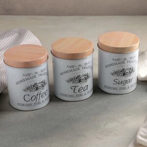 Набор банок для сыпучих продуктов Sugar. Coffee. Tea, 10,5x14 см, 3 шт, цвет белый
